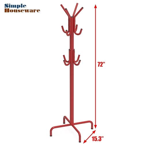 SIMPLE HOUSEWARE Standing Coat and Hat Hanger Organizer Rack, 12 Hooks, Red thumbnail 3
