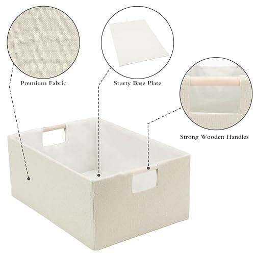 Foldable Fabric Storage Basket for Shelves, Linen Decorative Storage Bin with Wooden Handles, Small Organizer Cube for Closet, Rectangle Canvas Box for Organizing, Decor, 15x10.6x6 Inches (Beige) thumbnail 4