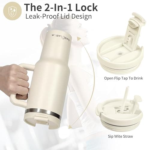Labulabla 40oz Tumbler with Handle,Double Wall Vacuum Reusable Stainless Steel Insulated Water Bottle,With Leak Proof lid and Straw for Iced or Cold Beverages (Beige) thumbnail 4