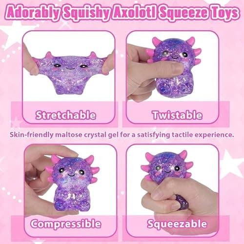 Djyxoglyn Axolotl Squishy Stress Relief Toy – Glitter Fidget Toy Cute Squeeze Toy for Kids & Adults, Sensory Anxiety Relief Squishy Toy, Party Favor Desk Fidget (Purple Sitting Style) thumbnail 3
