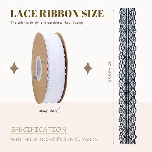 Lace Trim Ribbon lace Fabric Vintage Pattern Roll Ribbons - Perfect for Gift Wrapping, Crafts,Flower Design,Sewing, and Party Decorations (White, 50 Yards) - white - 50 Yards thumbnail 3