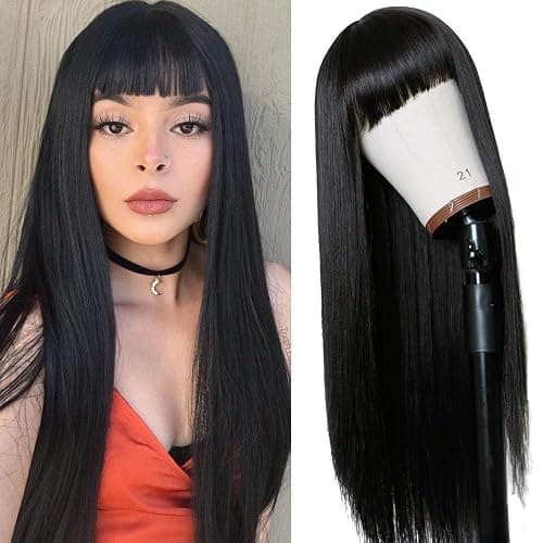 TIMANZO Long Straight Remy Hair Wigs Natural Black Heat Resistant Fiber Hair Full Machine Wig with Bangs Cosplay Party Wig For Fashion Women (24 Inch) - Image 1