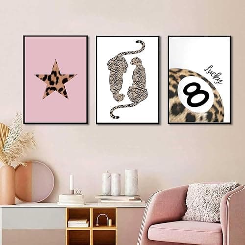 Set of 3 Preppy Cheetah Wall Art Trendy Pink Leopard Canvas Prints Star Lucky 8 Ball Posters Aesthetic Wall Decor Pictures for Girly Bedroom Apartment Dorm Unframed 12x16in thumbnail 8