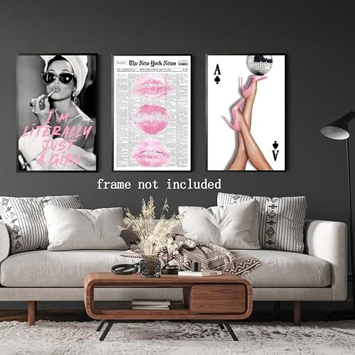 Ripiyome Funky Pink Wall Art Set of 3 Retro Glam Posters Surreal Kiss Lips High Heel Disco Ball Newspaper Woman Print Trendy Girl Quote Feminist Canvas Decor for Girly Bedroom Bar 16x24inch Unframed thumbnail 4