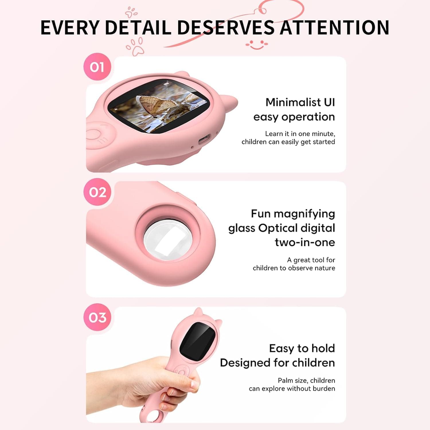 Handheld Microscope for Kids, Lightweight Digital Microscopes for Kids,500X Handheld, 3 Levels Adjustable LED Lights,Educational Hand Held Microscope for Children Students (Pink) thumbnail 8