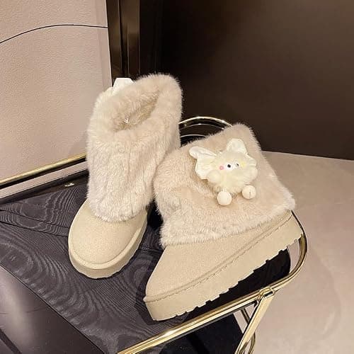 UNMULFC Cute Platform Boots Women's Snow Boots Chunky Winter Shoes Aesthetic Bow Pearl Thick Sole Kawaii Fuzzy Plush Fluffy thumbnail 3