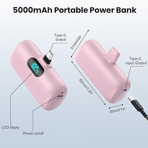 Mini Portable Charger USB C Power Bank,Upgraded 5000mAh PD Fast Charging Battery Pack Built-in USB-C Connector Travel Essential for iPhone17/17Pro/17Pro Max/Air/16 Plus/16Pro Max/15 Series,Android etc thumbnail 5
