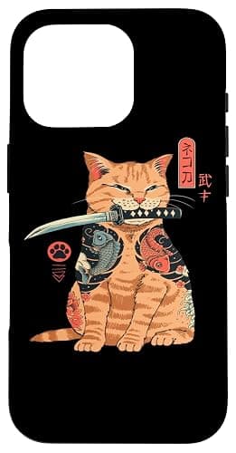 Japanese Samurai Ninja Cat Kawaii Tattoo Graphic Case for iPhone 16 Pro - Image 1