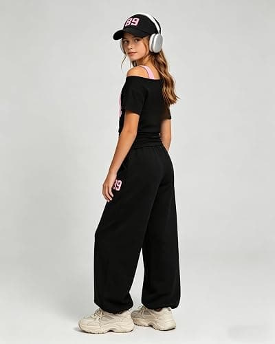 Kxuryueo Teen Girls Clothes Off the Shoulder Top and Wide Leg Pants Matching Outfit Set with Pockets Size 7-16 thumbnail 7