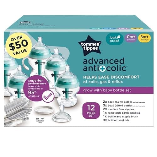 Tommee Tippee Advanced Anti-Colic 12 Piece Set, 5 oz and 9 oz BPA Free Bottles, Newborn 0+ Months, Includes Slow & Medium-Flow Breast-Like Nipples and Bottle Handles and Cleaning Brush thumbnail 9