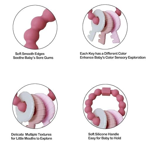 Baby Teething Keys Toys 3 to 12 Months,Infants Toddler Sensory Chew Toys,Teether Toys for Baby Girl-Soft & Raised Texture to Soothe Gums,BPA Free (Pink) thumbnail 6