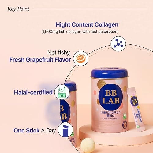 BB LAB Collagen Powder S Plus Halal, Low Molecular Korean Collagen Powder Stick Supplement, Marine, Fish Collagen Peptides, Vitamin C, Glycine, Fast Absorption, Grapefruit Flavor thumbnail 2