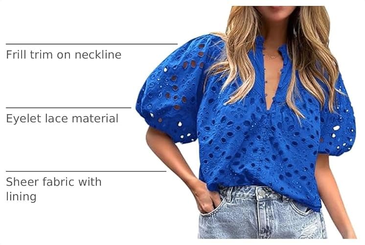 PRETTYGARDEN Womens Tops Boho Eyelet Puff Sleeve Blouse | Hollow Out Embroideried Cotton Shirts, Button Front, Ruffle V Neck, Spring Summer Clothes for Work, Vacation, Resort Wear thumbnail 4