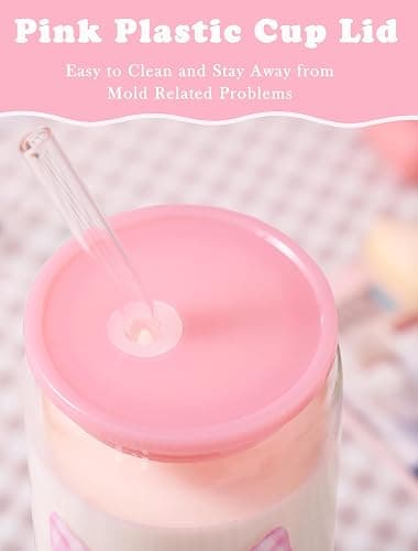 Pecfamly Aesthetic Cute Preppy Pink Bow Trendy Teen Girl Stuff Birthday Gifts for Teen Girls, Clear Reusable Iced Coffee Matcha Boba Tea Smoothie Patron Reusable Glass Cups Tumbler with Lid and Straw thumbnail 6