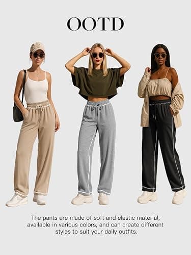 Feiersi Women's Wide Leg Sweatpants Soft Trendy Drawstring Baggy High Waisted Casual Trousers Jogger Sweat Pants thumbnail 3