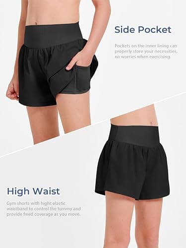Haloumoning Girls Athletic Shorts Kids Qucik Dry High Waisted 2 in 1 Running Biker Shorts with Pockets 5-14 Years thumbnail 4