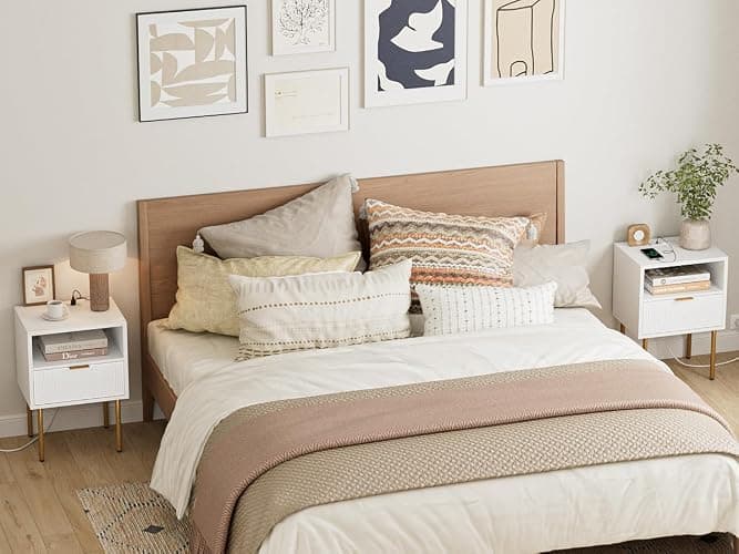 Masupu Nightstand with Charging Station,Mid-Century Modern Bedside Table with Storage Drawer and Open Wood Shelf,Small Gold Frame Side Table for Bedroom,Living Room (White) - White Stripe - 1 Drawer thumbnail 9