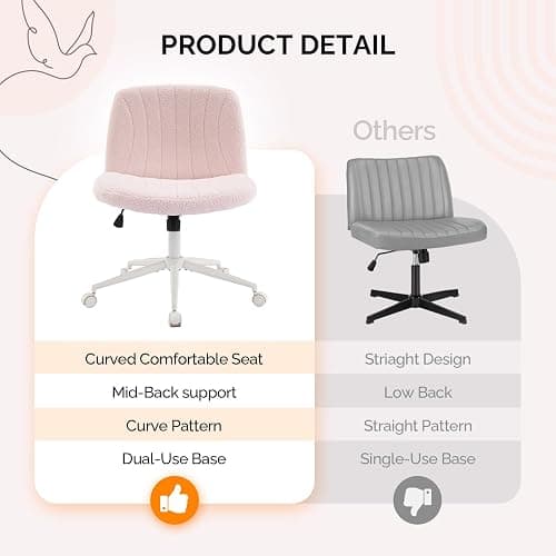 VINGLI Criss Cross Legged Chair,Wide Comfy Office Desk Chair,Dual-Use with/no Wheels Computer Task Chair,Swivel Armless Vanity Boucle Chair for Study,Make Up,Home Office,Teddy Fleece,Pink thumbnail 4
