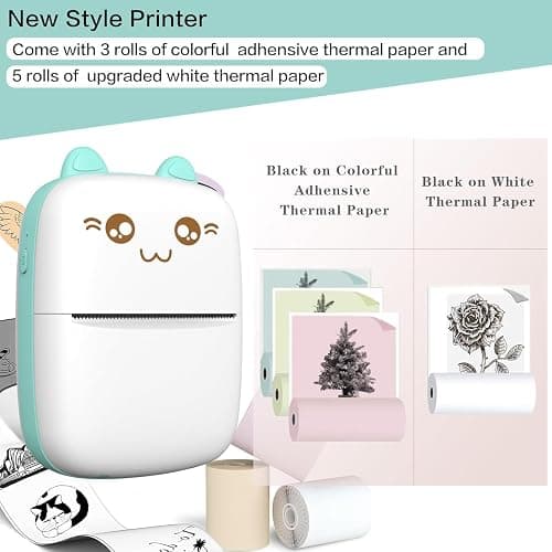 Mini Printer Portable, Inkless Sticker Printer with 8 Rolls Paper, Bluetooth Wireless mini Thermal Printer Compatible with iOS + Android for Journal, Memo, Photo, Print Pod Gifts for Girls Kids thumbnail 5
