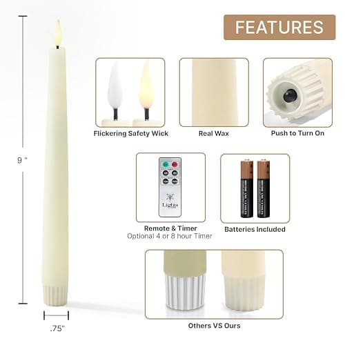 LampLust Flameless Taper Candles, Realistic 3D Flame with Wick, 9 Inch, 4 Pack, Ivory Wax, Flickering Flameless Candle LED, Remote & Timer Included, Home Decor, Winter Decorations for Home thumbnail 3