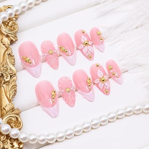24Pcs 3D Almond Press on Nails Medium White French Tip Fake Nails Gold Beads Shell Starfish Rhinestones Design Flower Glue on Nails Spring False Nails Handmade Acrylic Nails for Women Manicure thumbnail 3