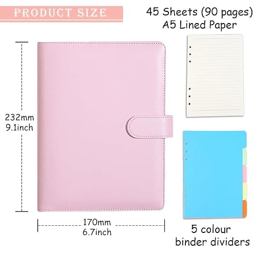 A5 Ring Binder, 6 Ring PU Leather Loose Leaf Notebook Planner Notebook Cover with 45 Sheets A5 Lined Paper, Binder Dividers for School Office Meetings,Pink - Pink thumbnail 2