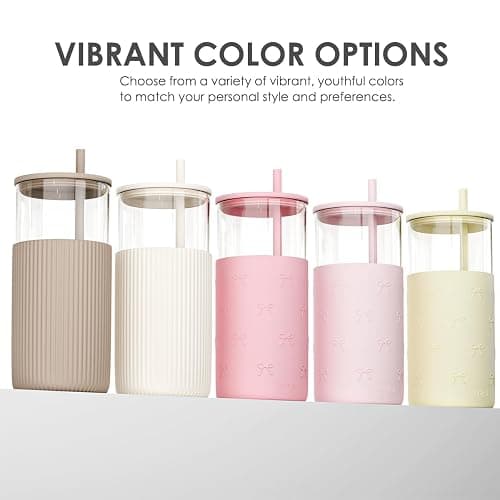 SANDJEST Glass Tumbler with Straw and Lid, Glass Water Bottle with Silicone Sleeve 20oz, Smoothie, Iced Coffee Cup, Gifts for Women Teen Girls Birthday Christmas (Cream) thumbnail 6