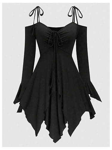 SHENHE Women's Plus Size Cold Shoulder Dress Bell Sleeve Drawstring Asymmetrical Flowy Gothic Fairy Dresses thumbnail 7