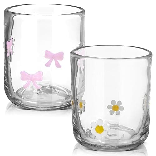Skylety 2 Pack Icon Juice Glass Cup Pink Bow Coquette Daisy Flower Cup 14 oz Aesthetic Double Vintage Glasses for Valentine Gifts Woman Friend Summer Party Scotch Cocktail Juice Drinks Party Favors - Image 1