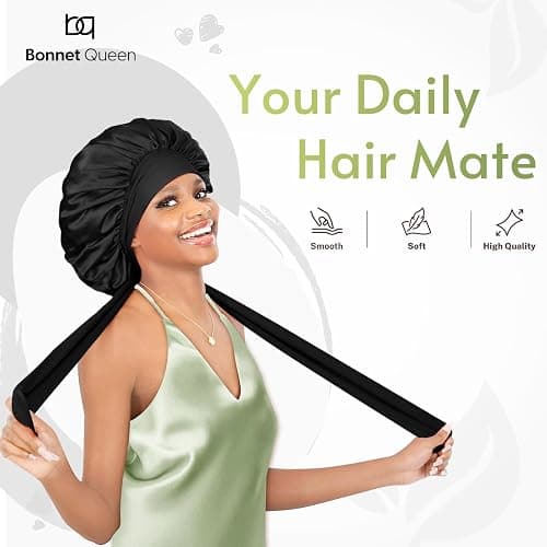 BONNET QUEEN Silk Bonnet for sleeping Women Satin bonnet Hair Bonnet Night Sleep Cap Scarf wrap for Curly Hair with tie Band Black - Medium - Black thumbnail 2