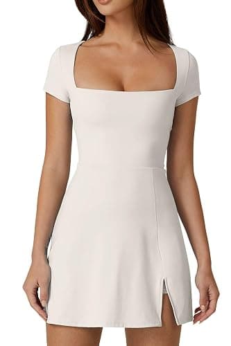 QINSEN Womens Square Neck Tennis Dress Short Sleeve Built in Shorts Golf Athletic Dress with Pockets - Image 1