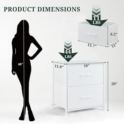 Nightstand, Small 2 Drawer Dresser End Table Bedside Furniture, Wooden Top Fabric Bins for Bedroom, Closet, Entryway, Dorm, 11.8" D x 18" W x 20", White thumbnail 3