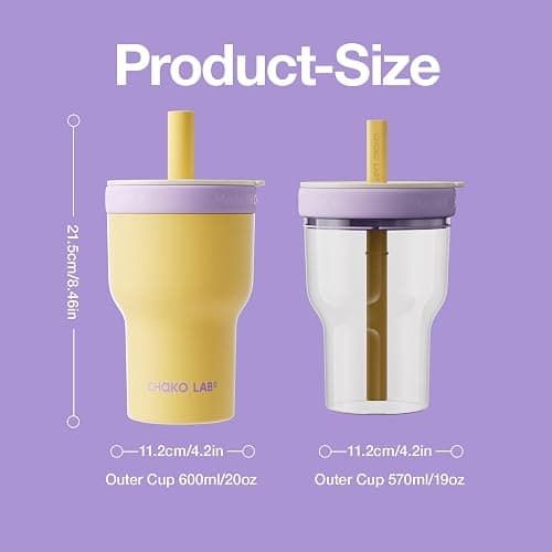 CHAKO LAB Insulated Stainless Steel Water Bottle | Dual-layer tumbler with Glass Linner and Stainsteel Linner | BPA-Free Leak Proof Thermos | 20oz Bottle with Two Straw | Yellow & Purple thumbnail 3