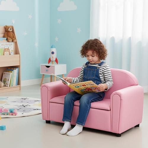 Costzon Kids Couch, 2 in 1 Double Seat Children's Sofa w/Under Seat Storage, PU Leather Surface, Toddler Armrest Chair, Kids Room, Soft Children Pink Sofa with Storage for Preschool Baby Girls Gifts thumbnail 2