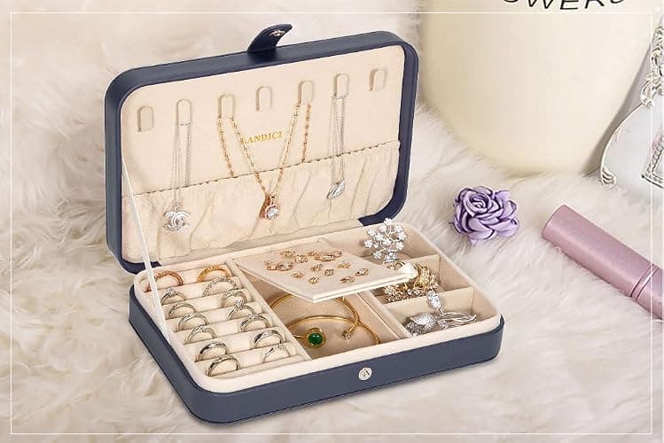 LANDICI Small Jewelry Box for Women Girls, PU Leather Travel Jewelry Case, Portable Jewelry Organizer Storage Holder Display for Ring Earrings Necklace Brooch Men Kids Gift, Dark Blue thumbnail 8