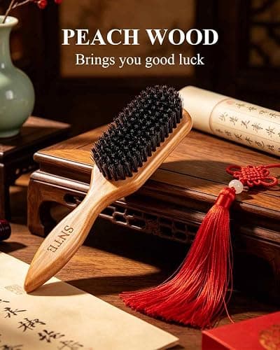 Peach Wood Boar Bristle Slick Back Hair Brush & Rat Tail Comb Set - Controls Frizz, Smooths Flyaways, Restores Shine - Creates Sleek Ponytails, Buns & Edge Control, Teasing for Women & Kids thumbnail 6