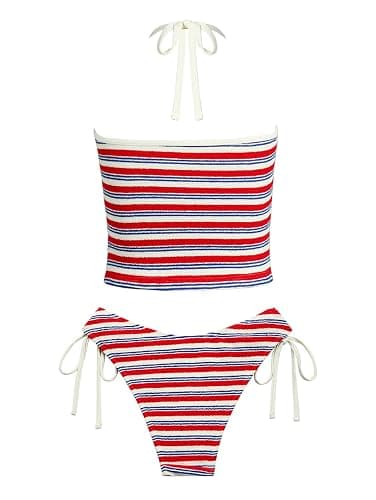Rosegalette Women's Contrast Textured Floral Bowknot Plunging V Neck Cheeky Tankini 2026 Swimsuit Set thumbnail 8