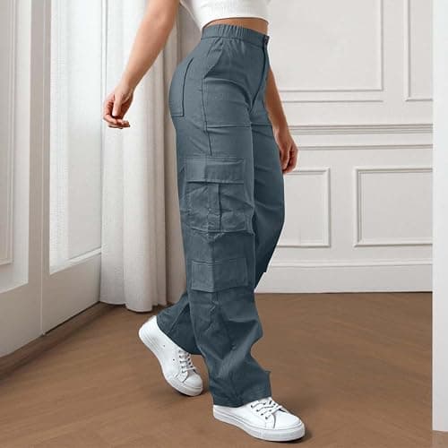 Cargo Pants for Women High Elastic Waisted Casual Baggy Wide Leg Hiking Pants Solid Color Streetwear with Pockets thumbnail 2