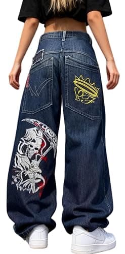 Unisex Y2K Hip Hop Street Jeans with Skeleton Print, Gothic Baggy Jeans, Vintage High Waist Denim, Wide Leg Pants - Image 1