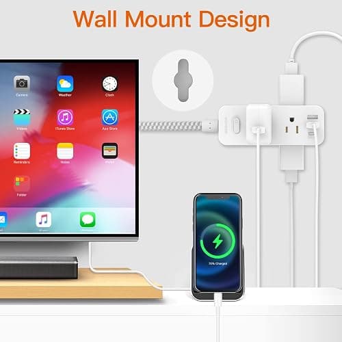 Power Strip Surge Protector, BESHON 5Ft Extension Cord, 6 Outlets with 3 USB Ports(1 USB C Outlet), 3-Side Outlet Extender, Wall Mount, Compact for Travel, Home, School, College Dorm Room and Office thumbnail 5