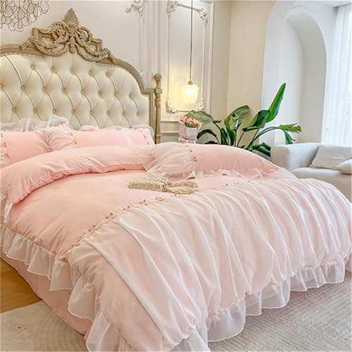 MOOWOO Pink Bedding-Romantic Ruffle Lace Bedding Set 3 Piece Comforter Queen Duvet Cover with Zipper Closure,Coquette Room Decor-Pink,Queen Size - Pink - Queen thumbnail 6