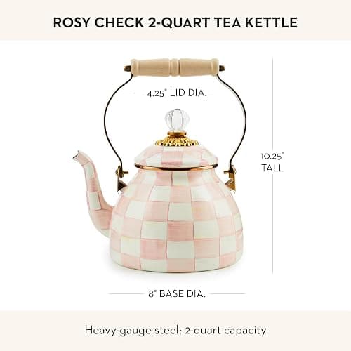 MACKENZIE-CHILDS Enamel Tea Kettle, Stylish Tea Kettle for Stovetop, Pink-and-White Rosy Check, 2 Quarts thumbnail 2