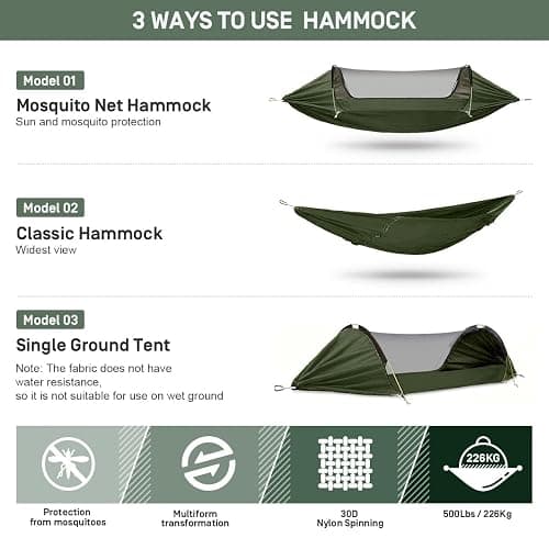 ETROL Camping Hammock with Mosquito Net,3 in 1 Function Parachute Portable Hammock,Double & Single Hammocks Tent for Travel Outdoor Indoor Hiking Patio - with Tree ​Straps,Carabiners,Aluminium Poles thumbnail 2