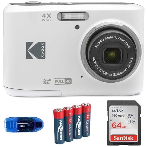 KODAK Pixpro FZ45 Digital Camera Bundle, Includes: SanDisk 64GB SDXC Memory Card, Spare Batteries and Card Reader (4 Items) (White) - Image 1