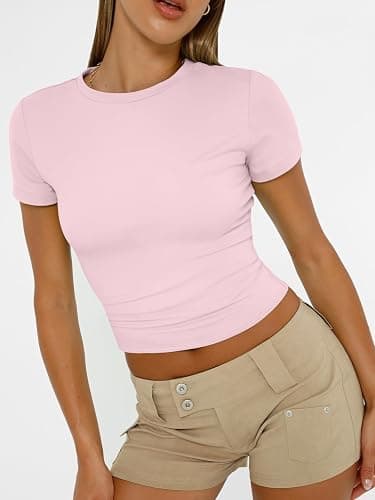AUTOMET Women's Crew Neck Short Sleeve Summer Basic T-Shirt Stretchy Tight Fitted Soft Going Out Workout Gym Tops thumbnail 4