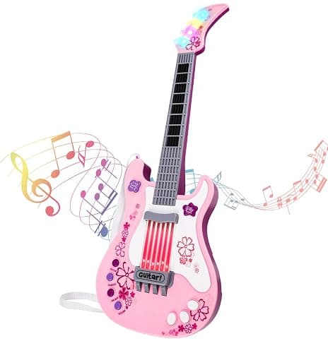 M SANMERSEN Kids Guitar for Girl Music Toy Electric Pink Guitars with Strap for Kid Toddler Musical Instrument Toys for 3 4 5 Year Old Girls Gifts - Image 1
