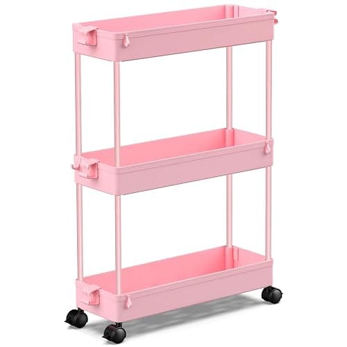 SPACEKEEPER Slim Rolling Storage Cart, 3 Tier Bathroom Organizer Utility Cart Laundry Room Organization Mobile Shelving Unit for Kitchen, Bathroom, Office, Bedroom, Narrow Places, Pink - Image 1