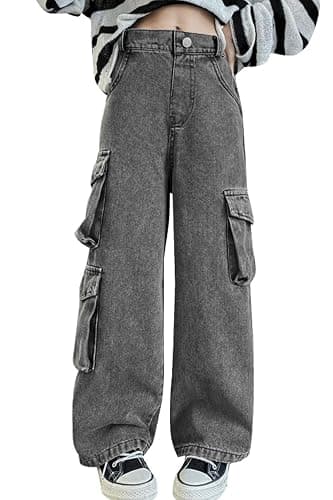 AOWKULAE Girls Jeans Elastic Waist Wide Leg Pants Kids Jeans 4-14 Years - 8-9 Years - B1-gray - Image 1
