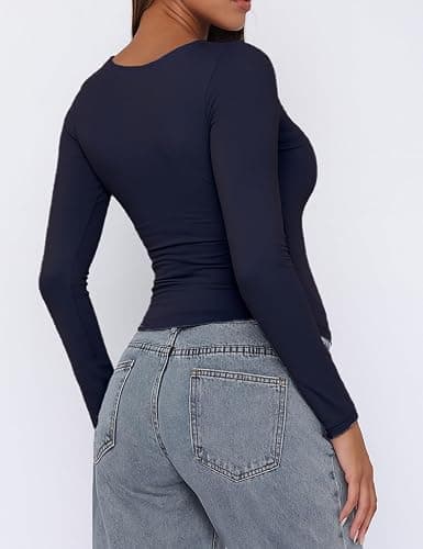 ForeFair Womens Casual V Neck Long Sleeve Shirts Going Out Double Lined Crop Tops Slim Fitted Basic Tee thumbnail 3