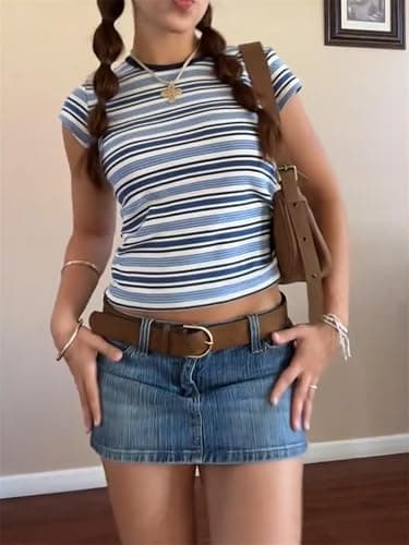 Alyweatry Women Striped Baby Tee Y2k Cute Graphic Short Sleeve Slim Fitted Going Out Crop Top Shirt thumbnail 3